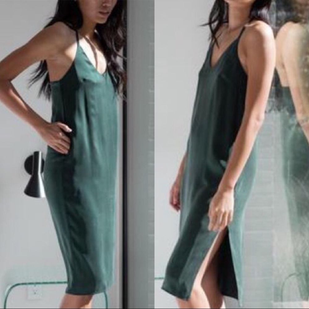 lunya Forest Green Satin Slip Chemise